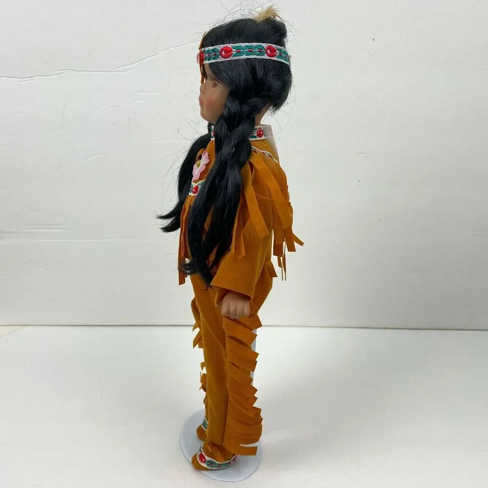 Native American Porcelain Girl Doll Fringe Pants & Top Embroidery Trim 14